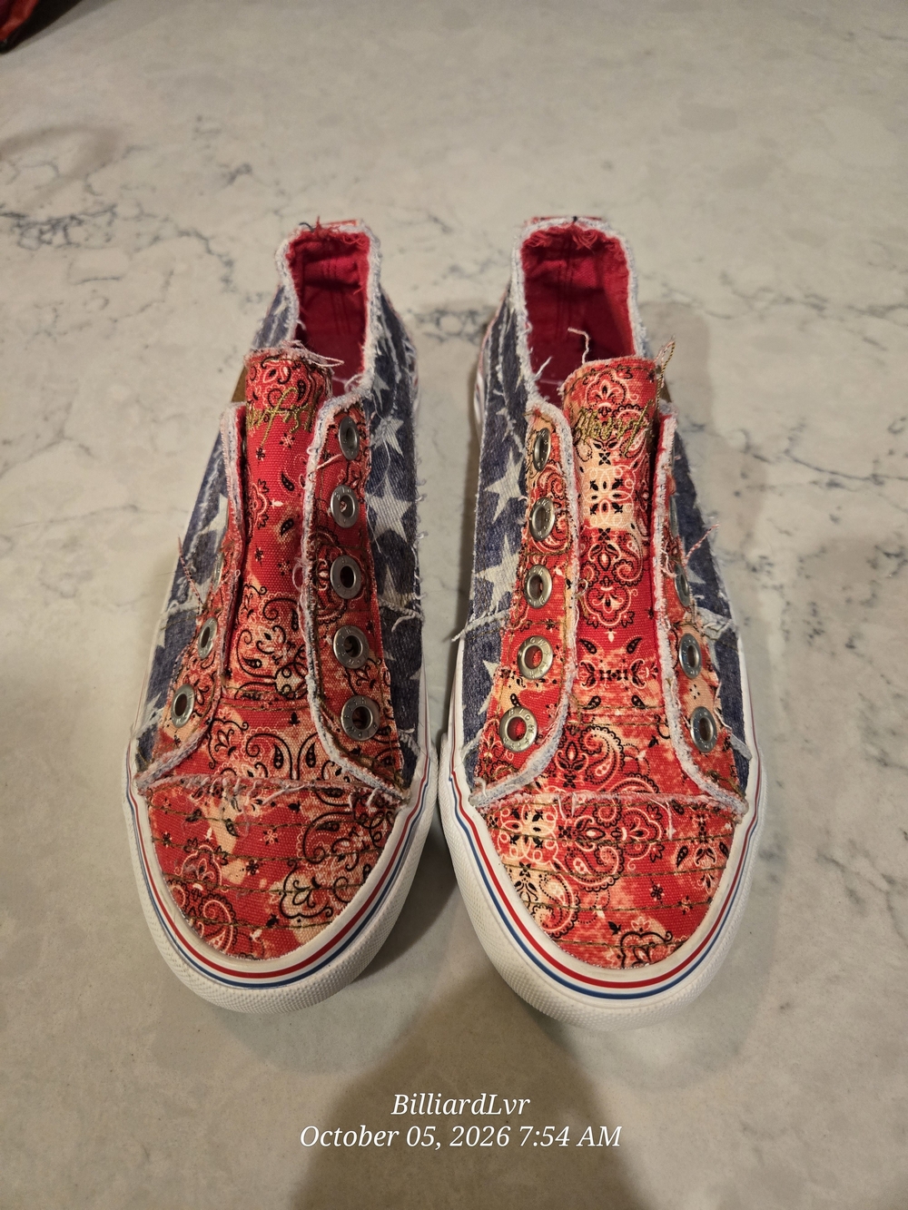 Women’s Slip-On Canvas Sneakers - Red Paisley & Blue Star